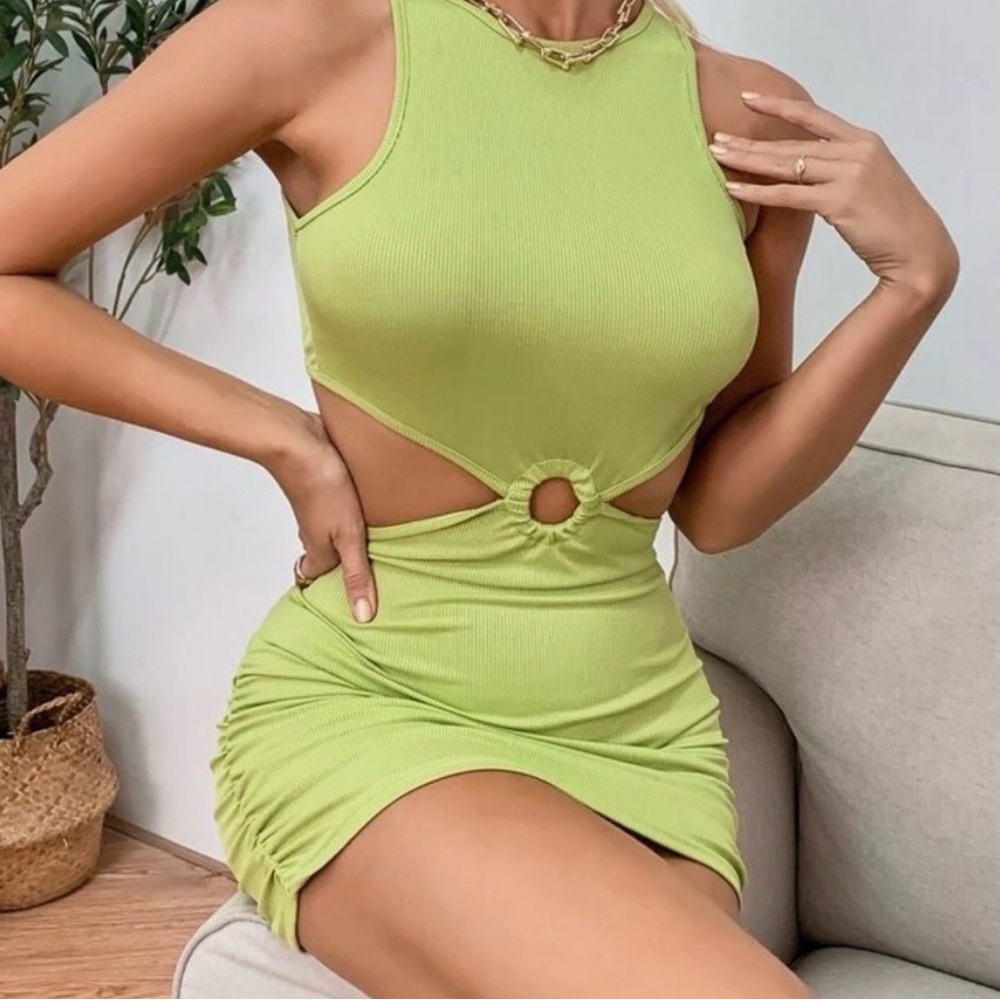 Neon Green Ring Detail Mini Dress